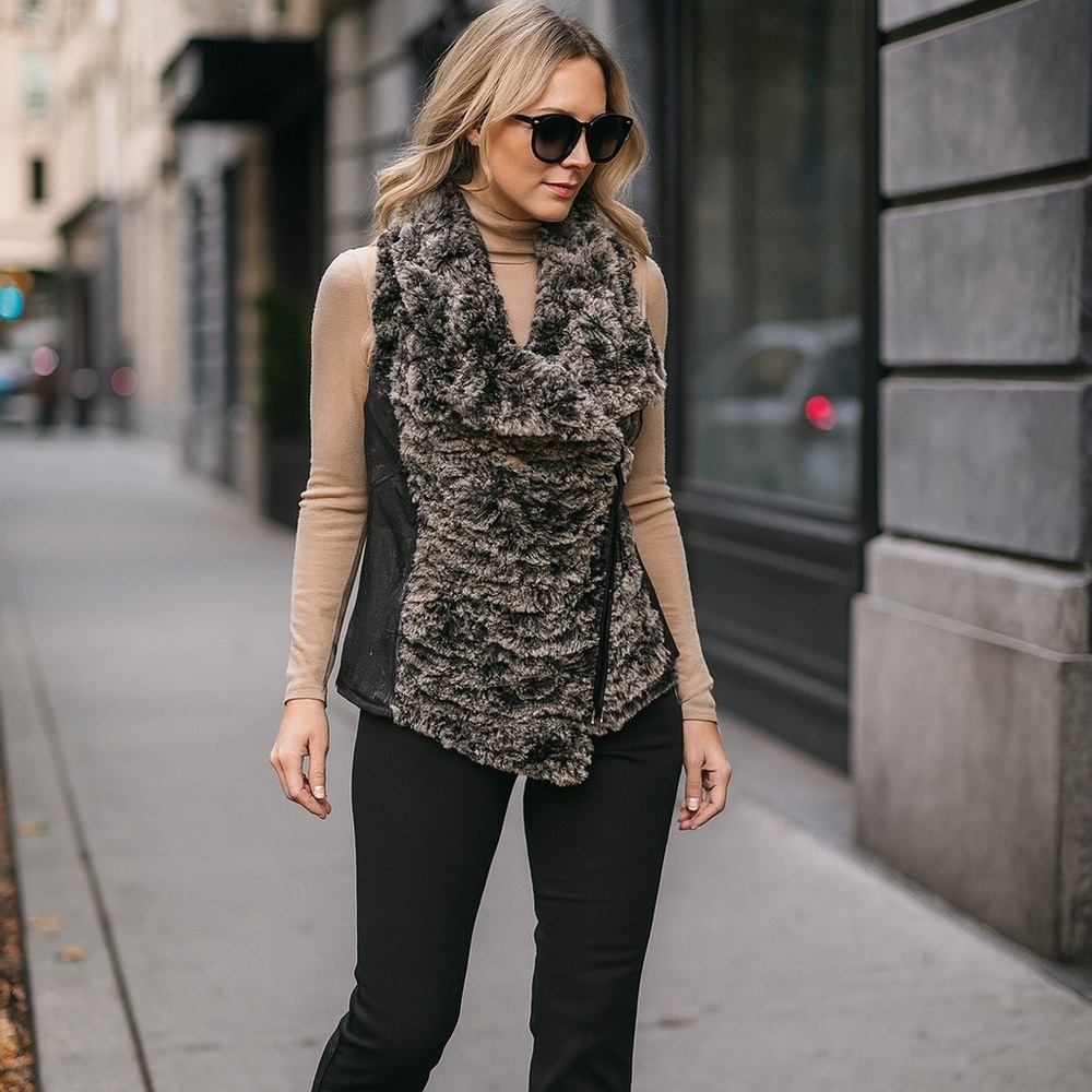 Dolce Cabo Faux Fur & Faux Leather Drape Vest Size S – Black/Gray